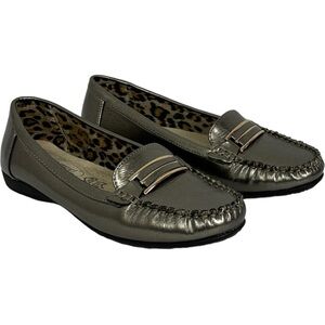 Stepwel Metallic Leather Loafers Womens Size 5 Flats Slip On Shoe Silver Y2K 90s